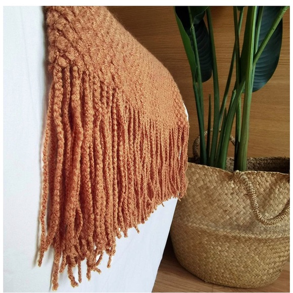 Rustic Orange Warm Cozy Knit Chic Tassel Living Room/Bed Blanket/Shawl/Cover - Picture 2 of 16